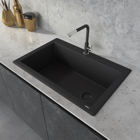 Ruvati 33"x22" Dual-Mnt Granite Composite Sgl Bowl Kitchen Sink, Blk RVG1033BK
